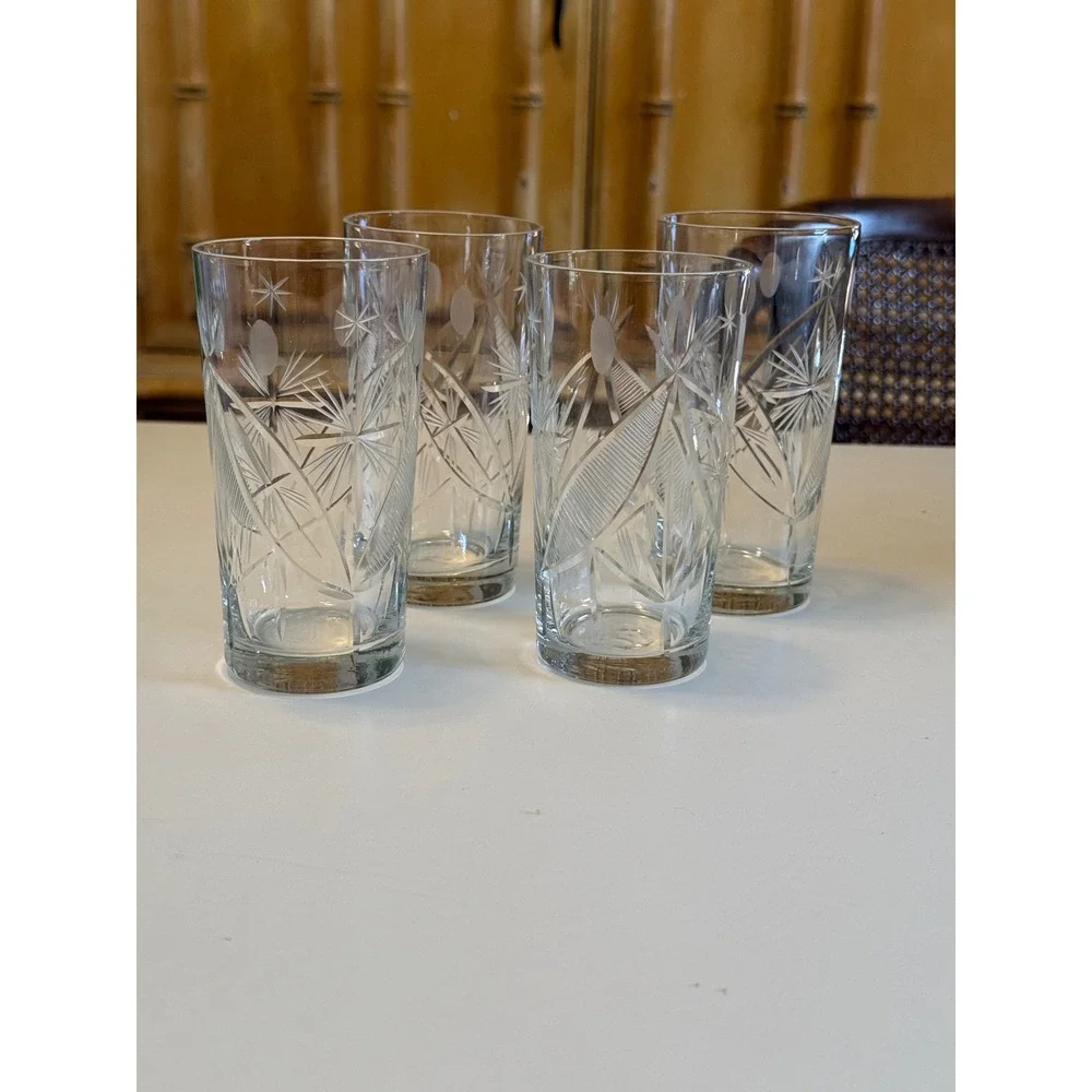 Vintage Cut Glass Highball Tumblers Starburst Wheat Etched‎ Barware Set of 4